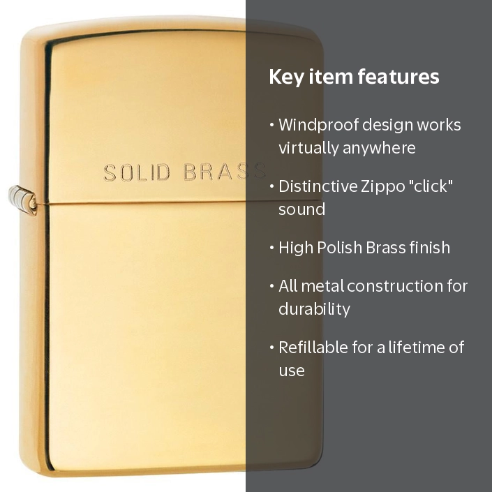 Zippo, Pocket Lighter, High Polish Brass, Windproof Metal