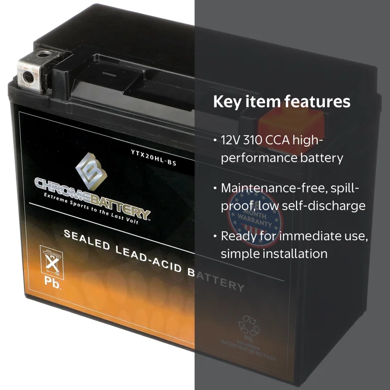 Chrome Battery YTX20HL-BS High Performance Power Sports Battery