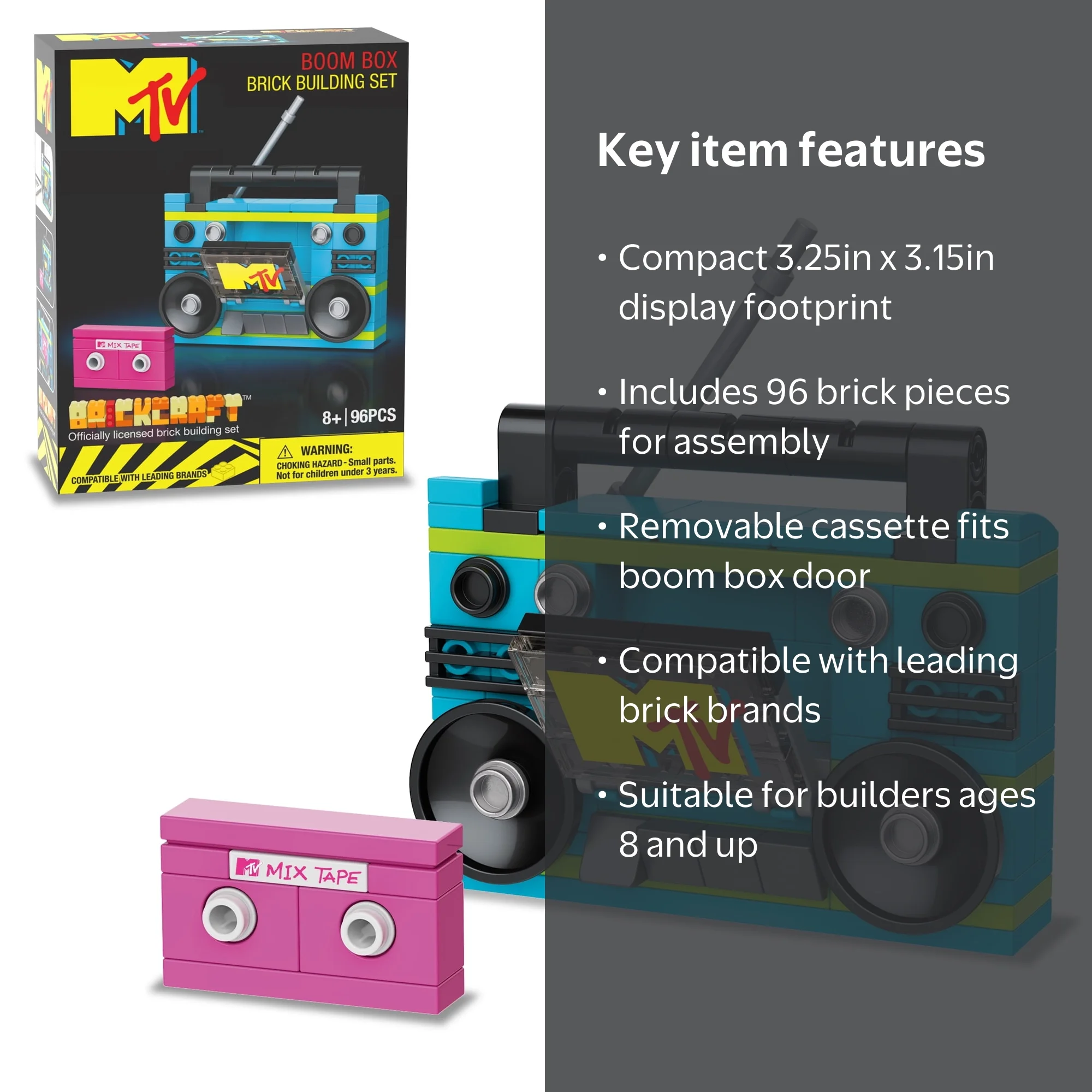 Brickcraft MTV Retro Builds: Blue Boom Box Brick Building Kit (96