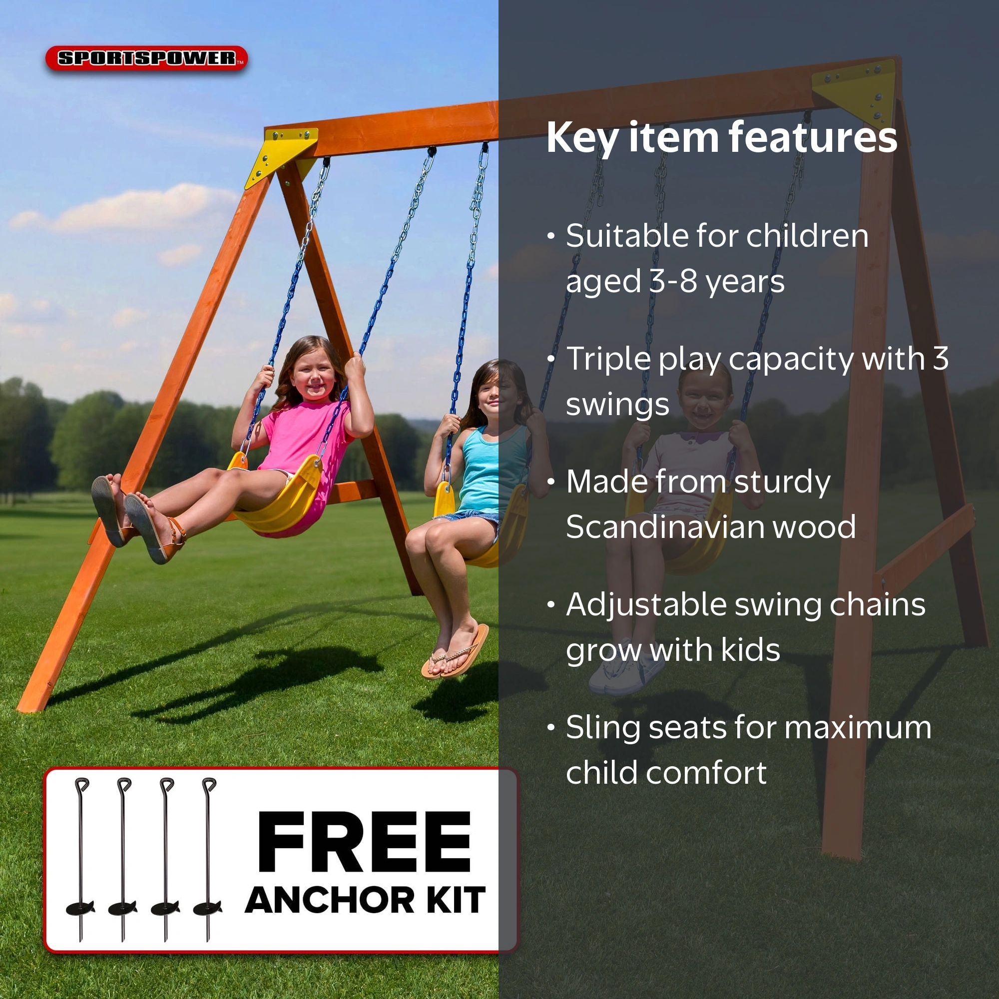 Sportspower Brooklyn Wooden Swing Set with 3 Swings, Great for
