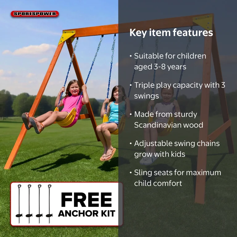 Sportspower Brooklyn Wooden Swing Set with 3 Swings, Great for
