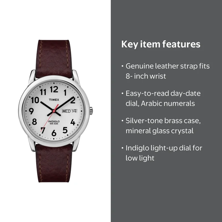 Timex Men's Easy Reader 35mm Day Date Watch Silver Tone Brass Case