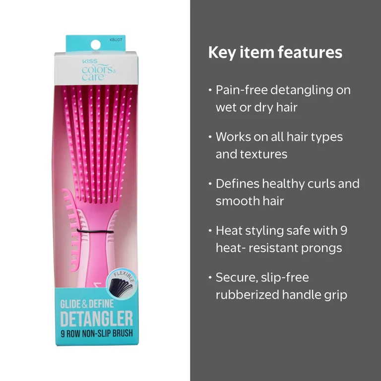 KISS Colors & Care, Detangler Brush, Large Pink, 9-Row Non-Slip