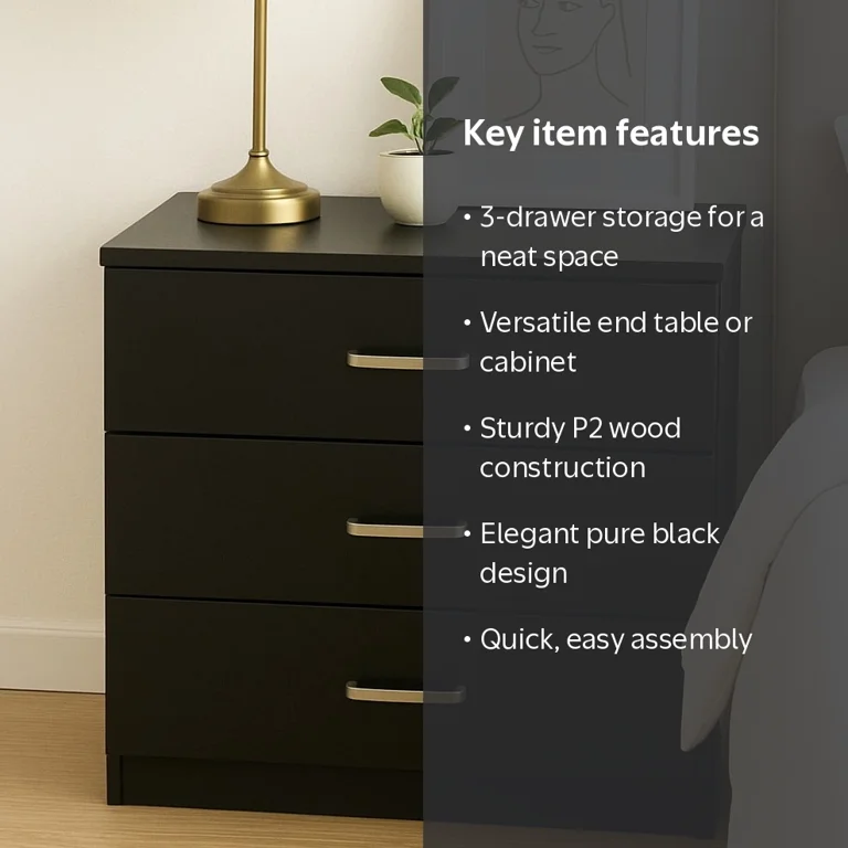 Ktaxon 3-Drawer Dresser, Pure Black, P2 Wood with Metal Handles