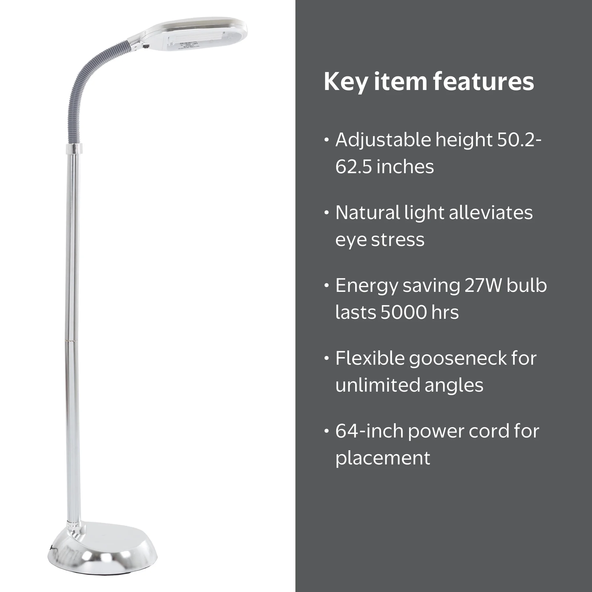 Lavish Home Floor Lamp, 50-inch Sunlight, Chrome, Bendable Neck
