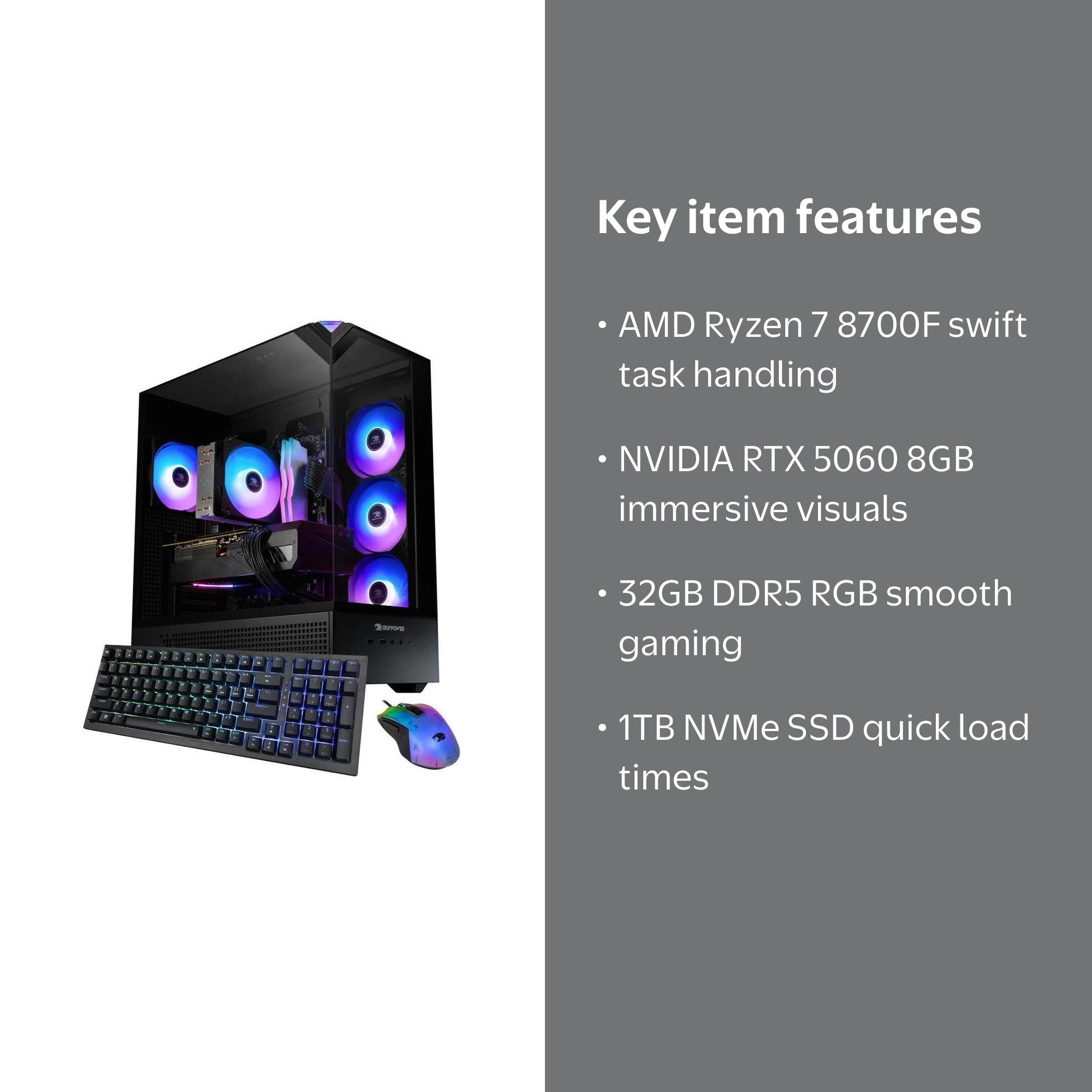 iBUYPOWER, Gaming PC Desktop, Ryzen 7 8700F RTX 5060 32GB RAM 1TB