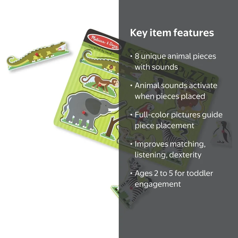 Melissa & Doug, Zoo Animals Sound Puzzle, 8 pcs, Wooden Peg Puzzle