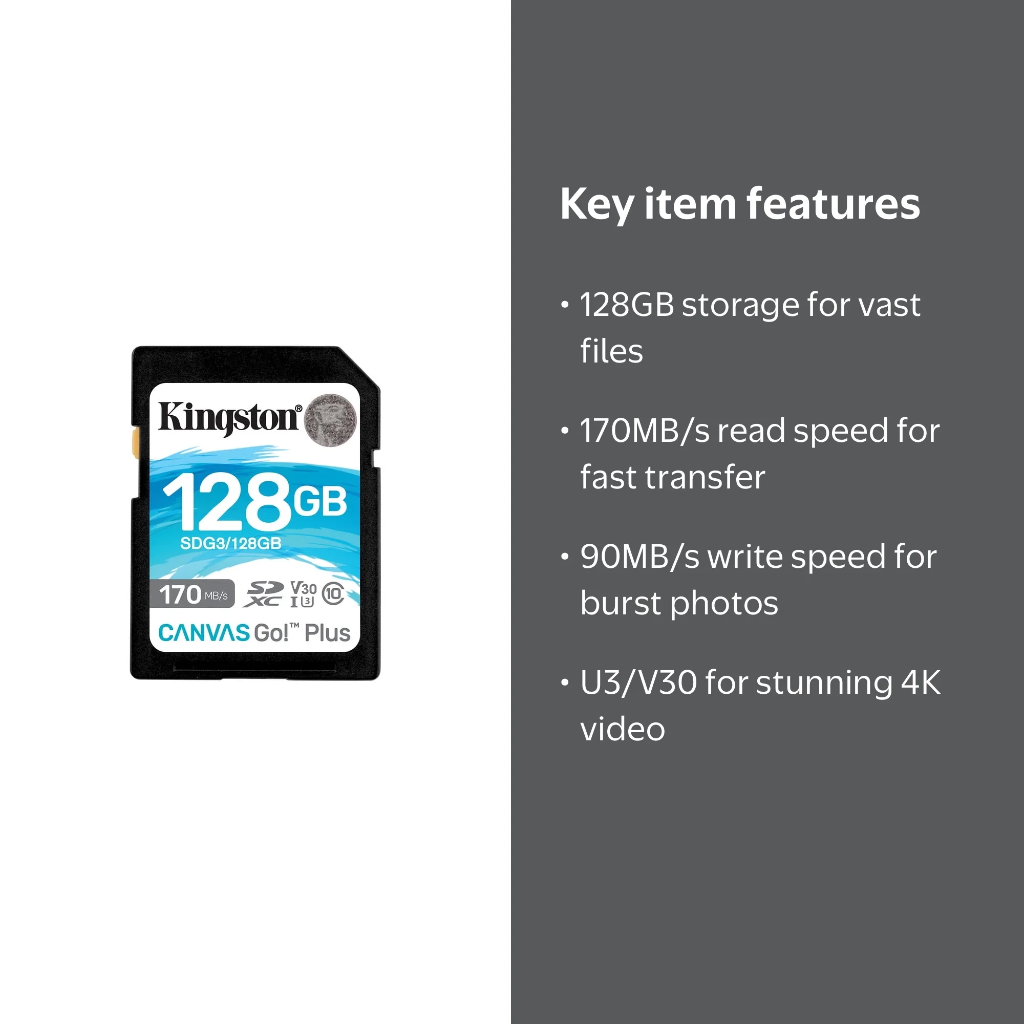 Kingston 128GB SDXC Canvas Go Plus, 170MB/s Read, UHS-I U3 V30