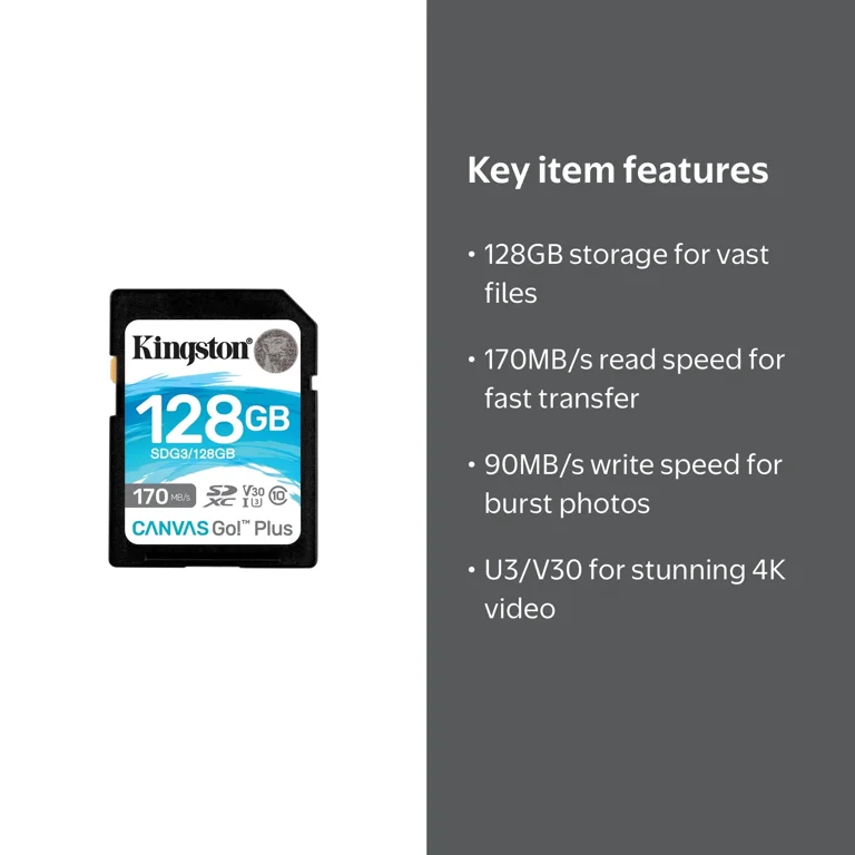 Kingston 128GB SDXC Canvas Go Plus, 170MB/s Read, UHS-I U3 V30