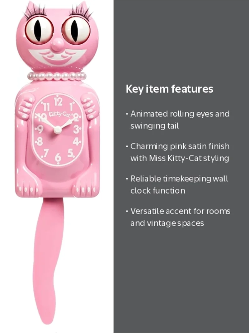 Kit Cat Klock Pink Satin Miss Kitty-Cat Wall Clock, Retro Vintage