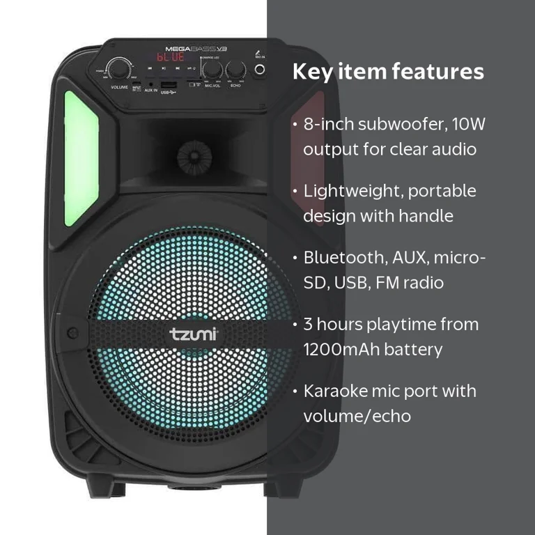 Tzumi MegaBass V3 Bluetooth Karaoke LED Speaker, Black, Portable