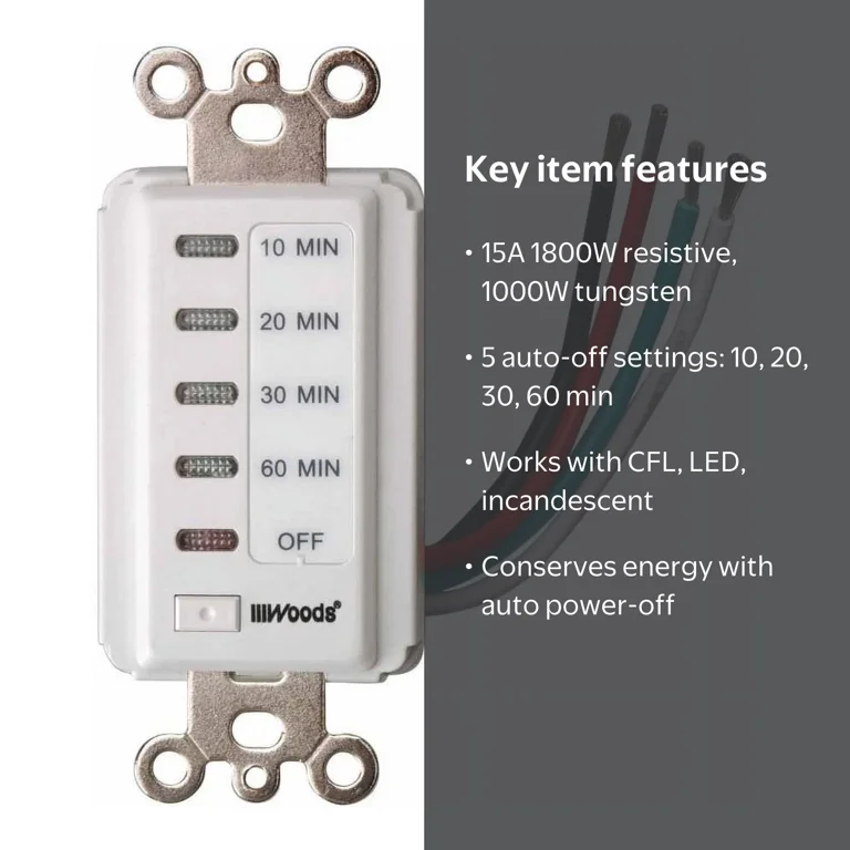 Woods 59008 Decora Style 60-30-20-10 Min Preset Wall Switch Timer