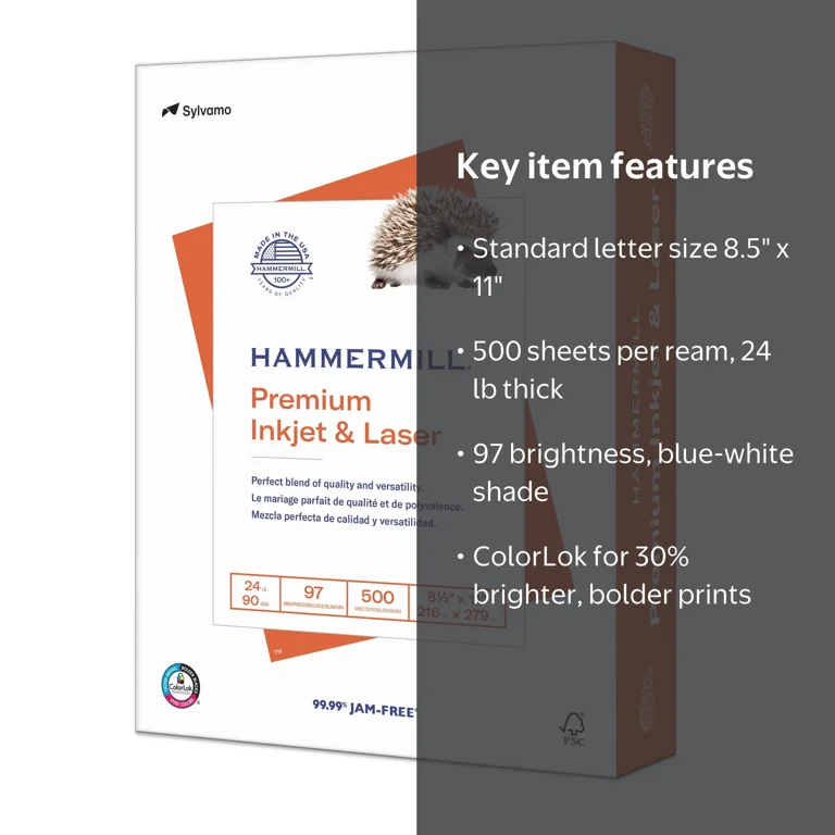 Hammermill, Premium Printer Paper, 8.5x11, 24lb, White, 1 Ream