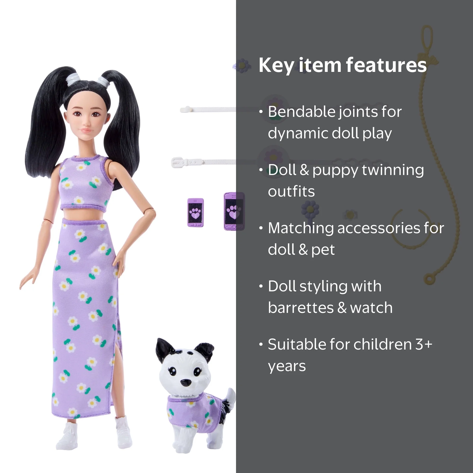 Barbie, Fashion Doll, with Pet Dog, Twinning Looks in Purple