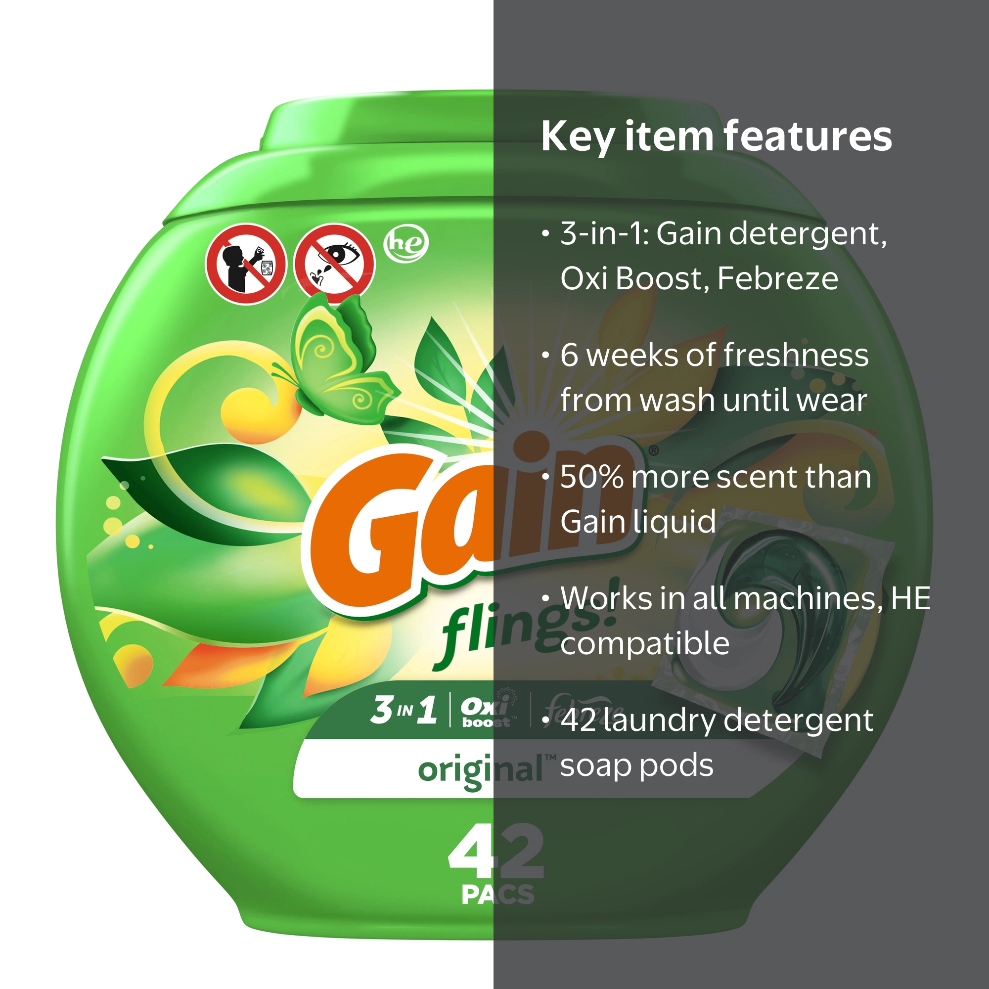 Gain, Flings Laundry Detergent Pods, 42 Ct, Original Scent