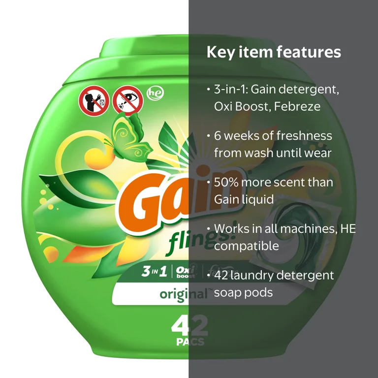 Gain, Flings Laundry Detergent Pods, 42 Ct, Original Scent