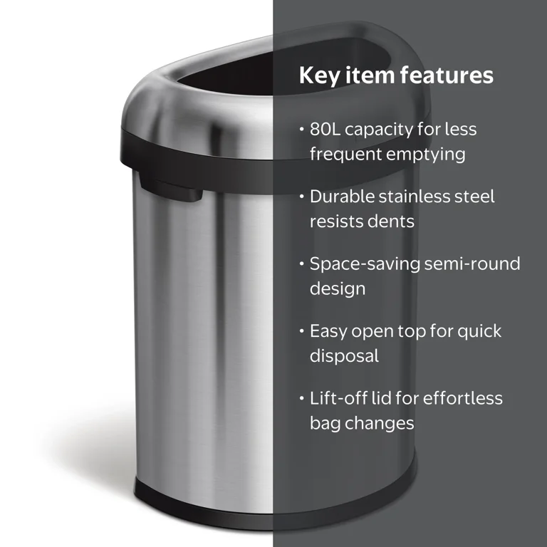 simplehuman, Trash Can, 80 Liter, Semi-Round Open Top Stainless