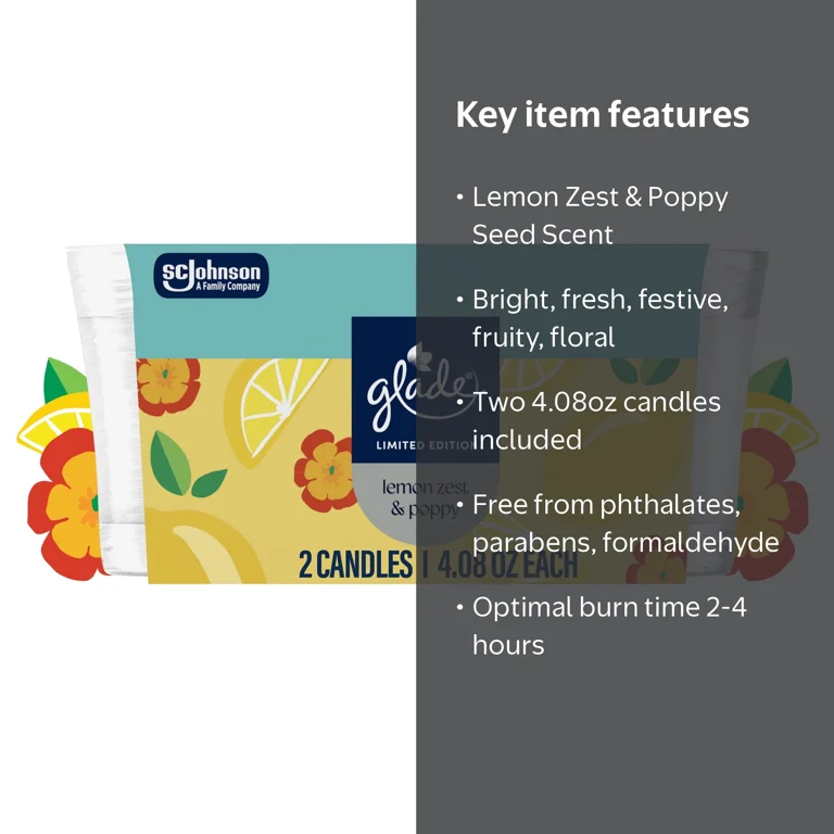 Glade® Jar Candle, Lemon Zest & Poppy, 4.08oz., 2 Count - Walmart.com