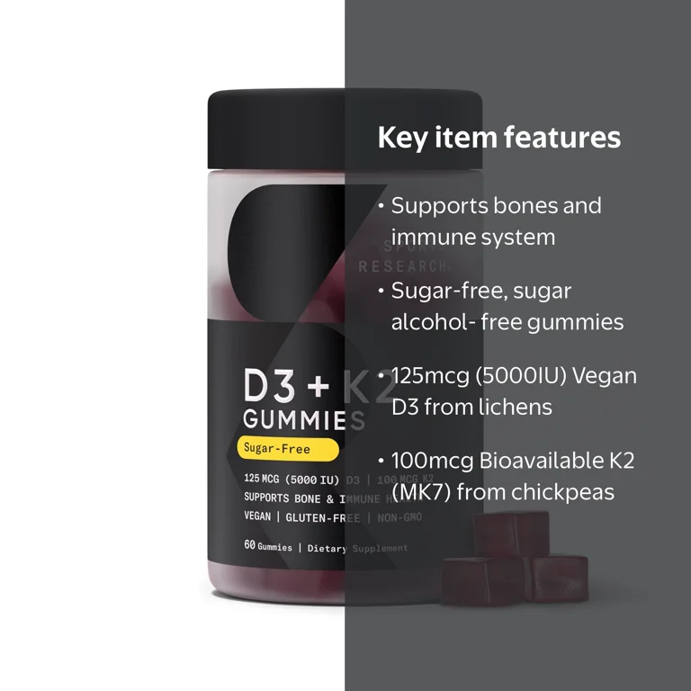 Sports Research Vitamin D3 + K2 Gummies, Plant-Based, 60 count