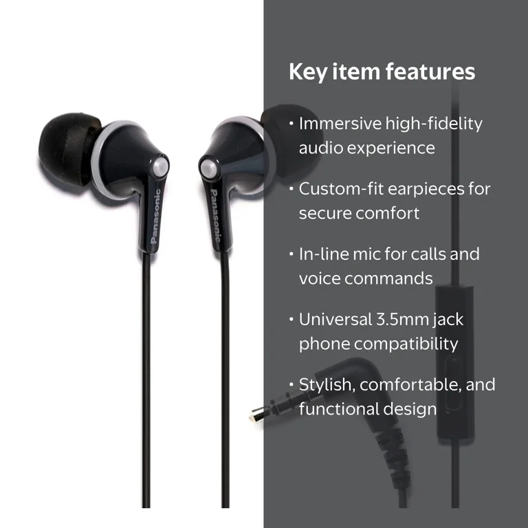Panasonic, Earbud Headphones with Microphone, RP-TCM125, Black