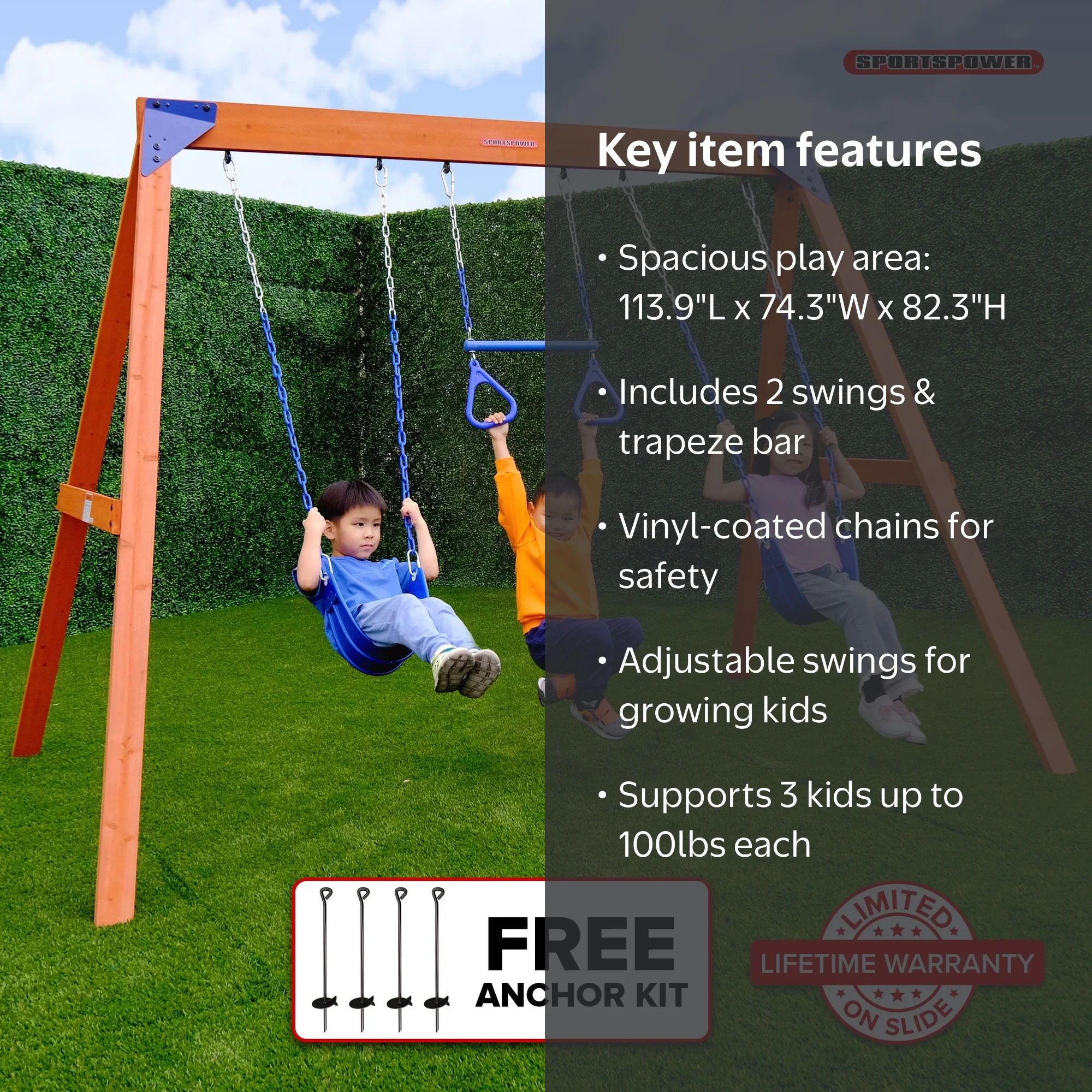 Sportspower™ Kingston Wooden Swing Set with 2 Height Adjustable
