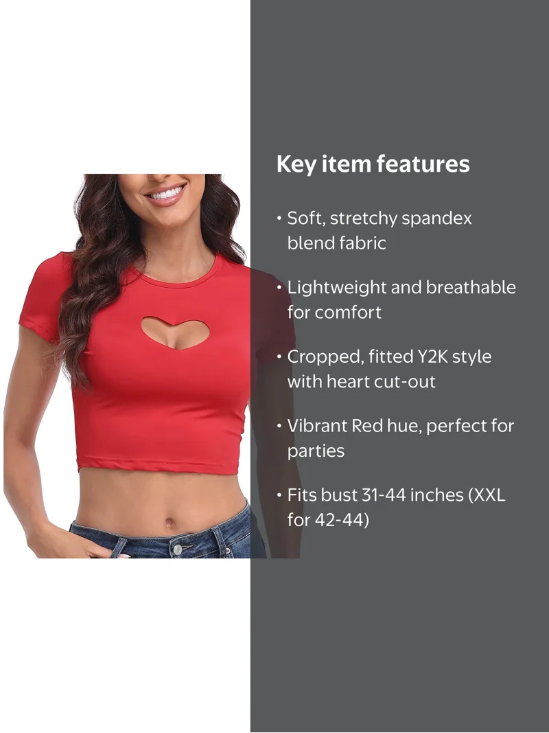 HDE Women's Y2K Heart Keyhole Cut-Out Short Sleeve Crop Top Red
