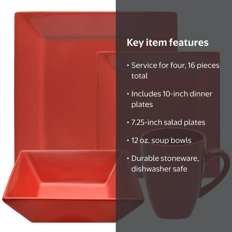 10 Strawberry Street Nova Square 16-Piece Stoneware Set - Red