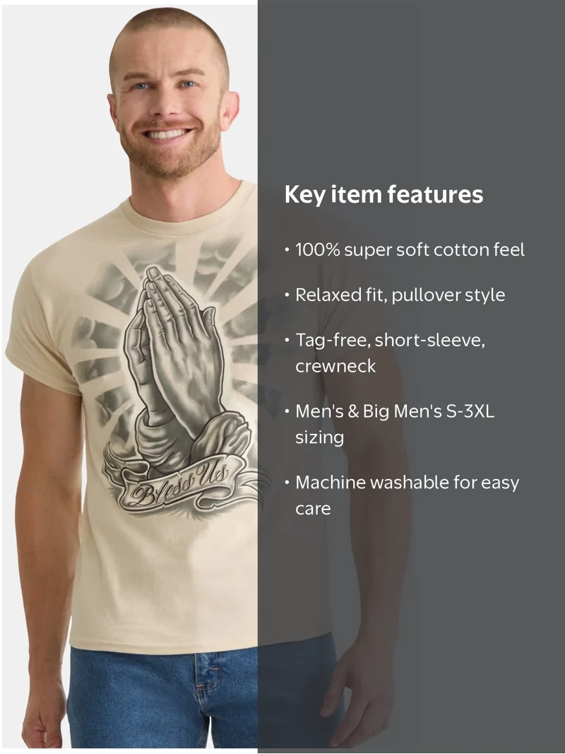 Humor Men's and Big Men's Bless Us Praying Hands Cotton Graphic