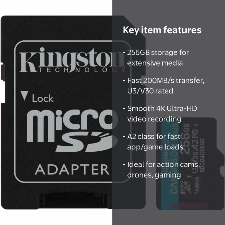Kingston, microSDXC Card, 256 GB, Class 10 UHS-I U3 V30 - Walmart.com