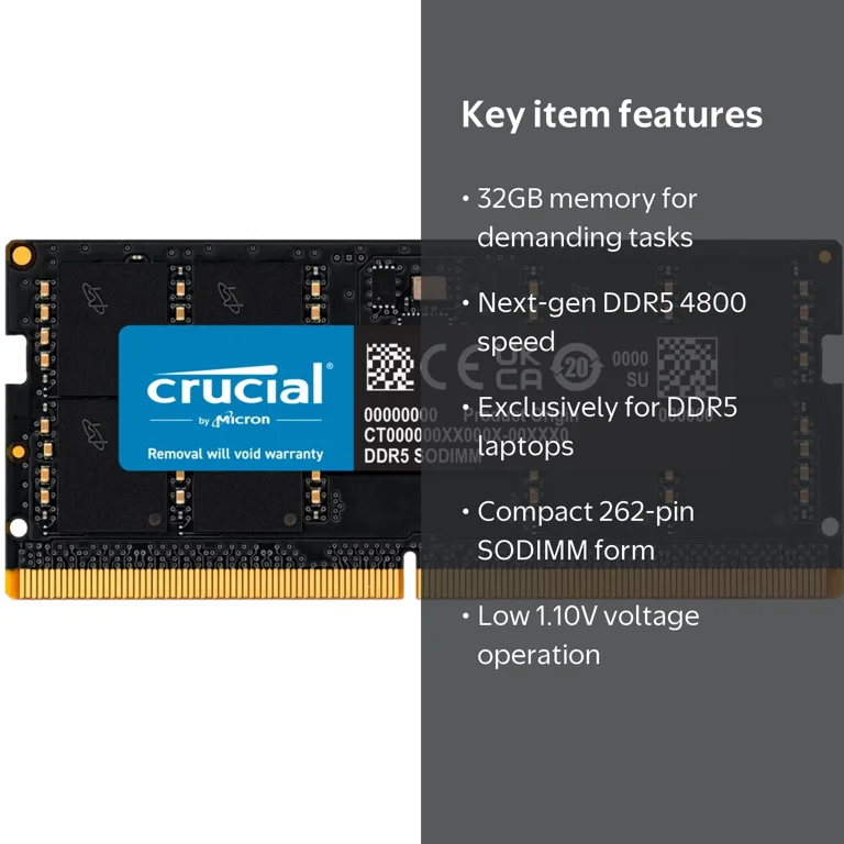 Crucial 32GB DDR5 4800 (PC4 38400) SO-DIMM Laptop RAM Stick Model