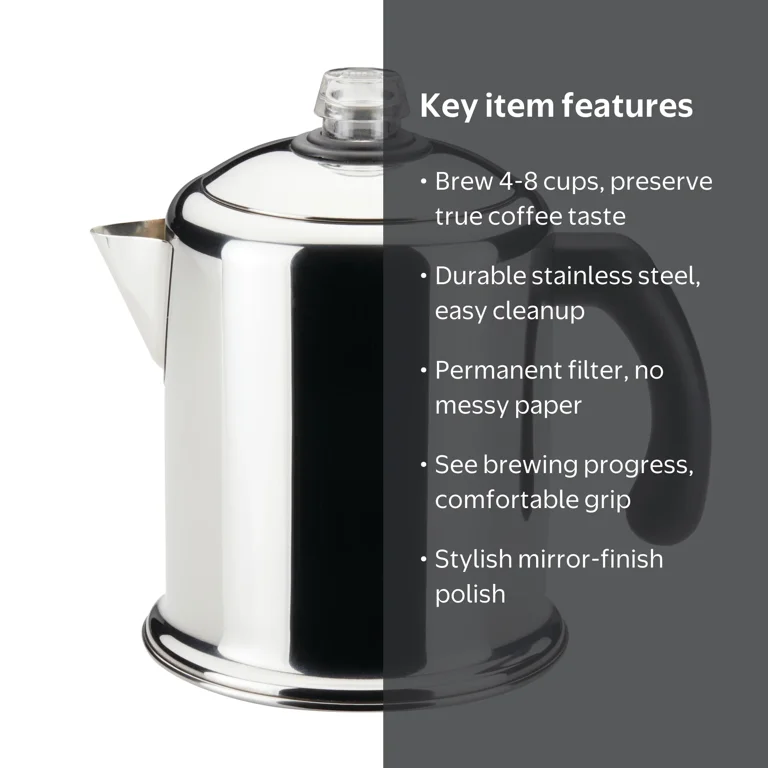 Farberware Stainless Steel 8 Cup Stovetop Coffee Percolator with