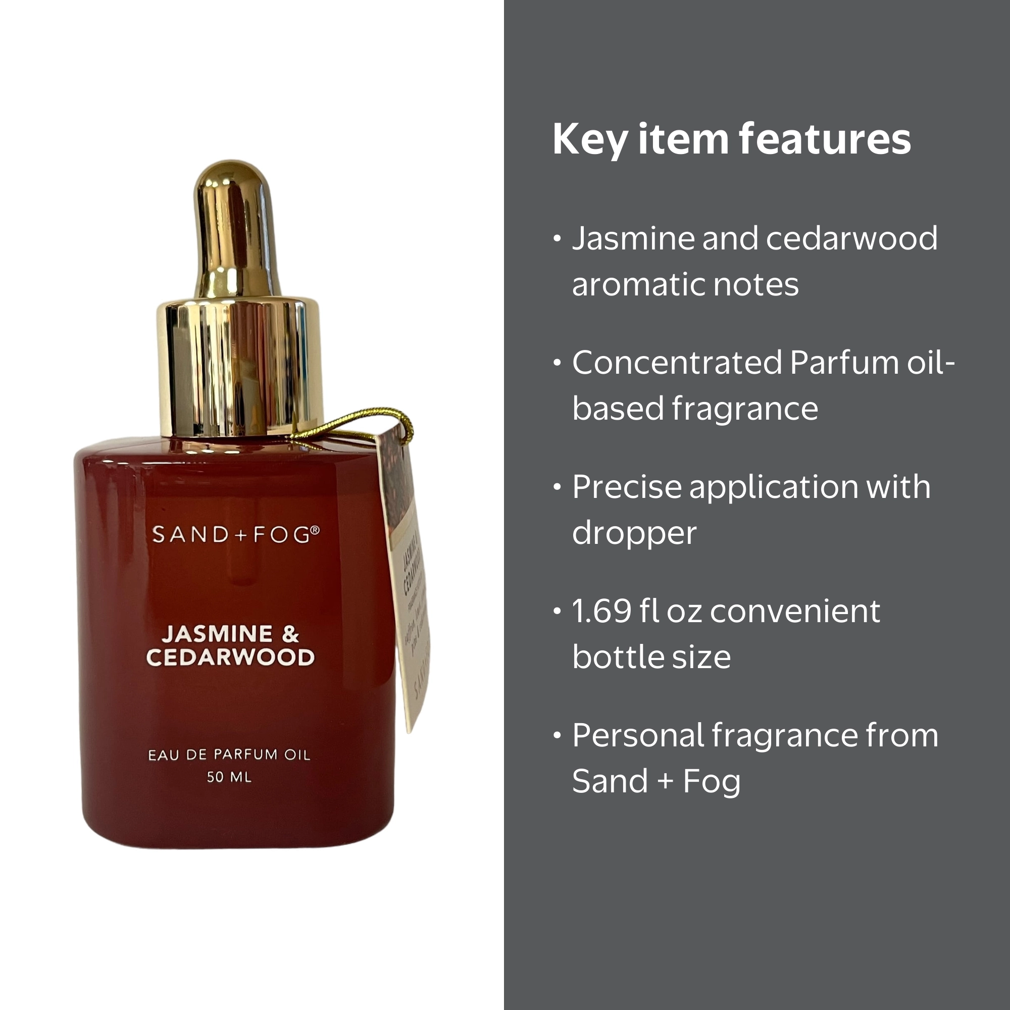 Sand + Fog, Perfume Oil, Jasmine and Cedarwood, 1.69 fl oz Dropper