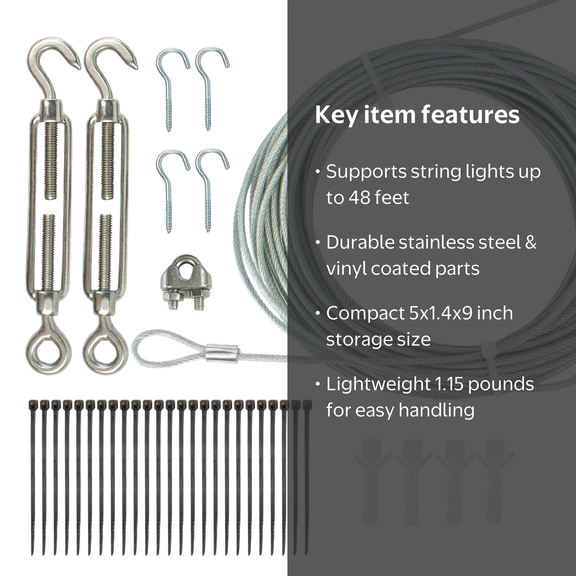 Newhouse Lighting Kit Newhouse Lighting STRINGKIT2 Outdoor Light Hanging Kit – Vinyl Coated Wire, Turnbuckle & Hooks For 48 Ft Patio Lights