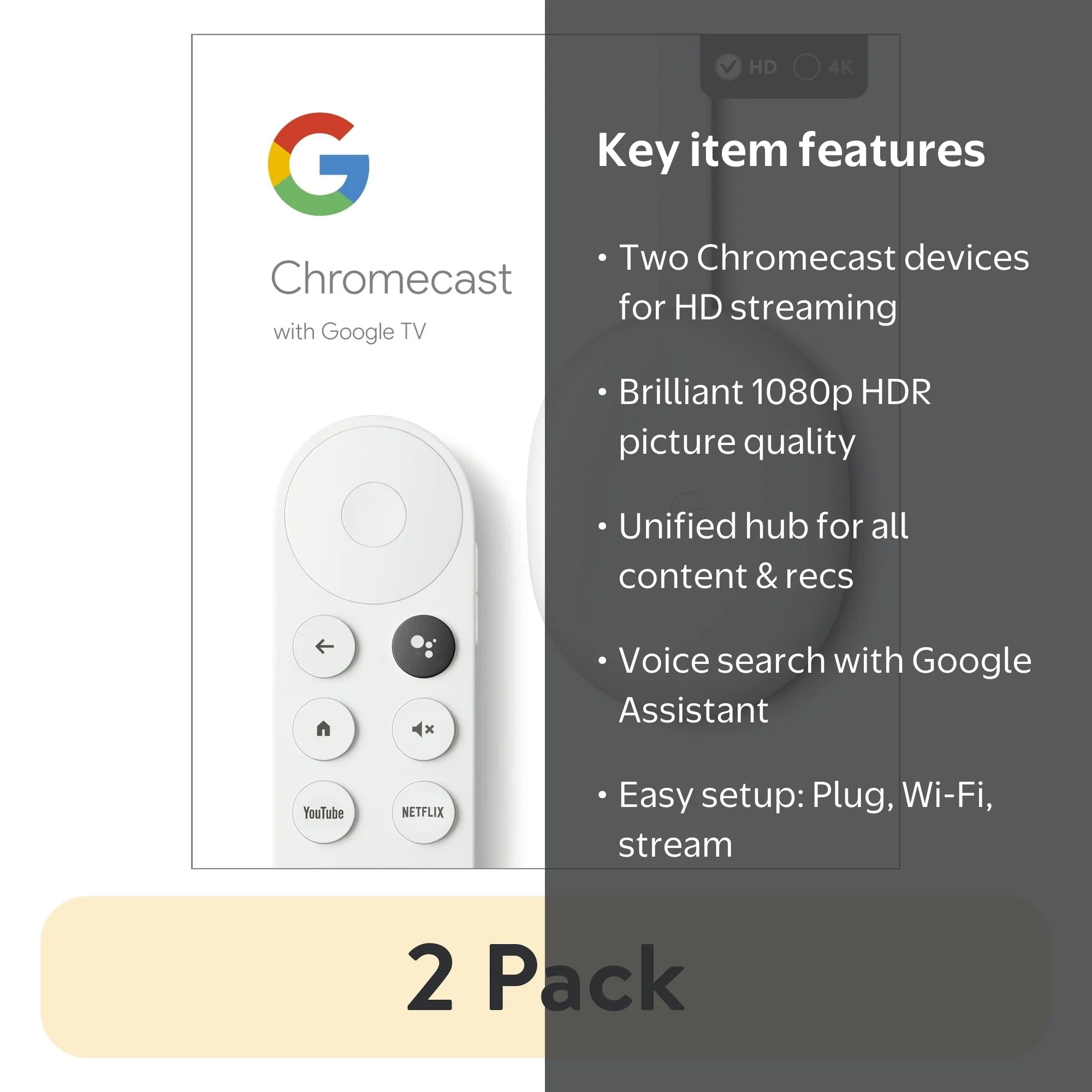 2 pack) Chromecast with Google TV (HD) - Streaming Device