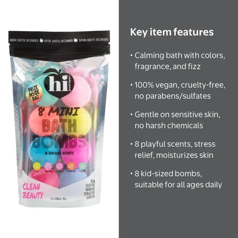 Hi Peach Layne Mini Bath Bomb Bag, 8 Assorted Scents with Surprise