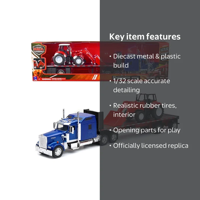 New Ray Kenworth W900 Blue Metallic Toy Semi Truck with Red Farm