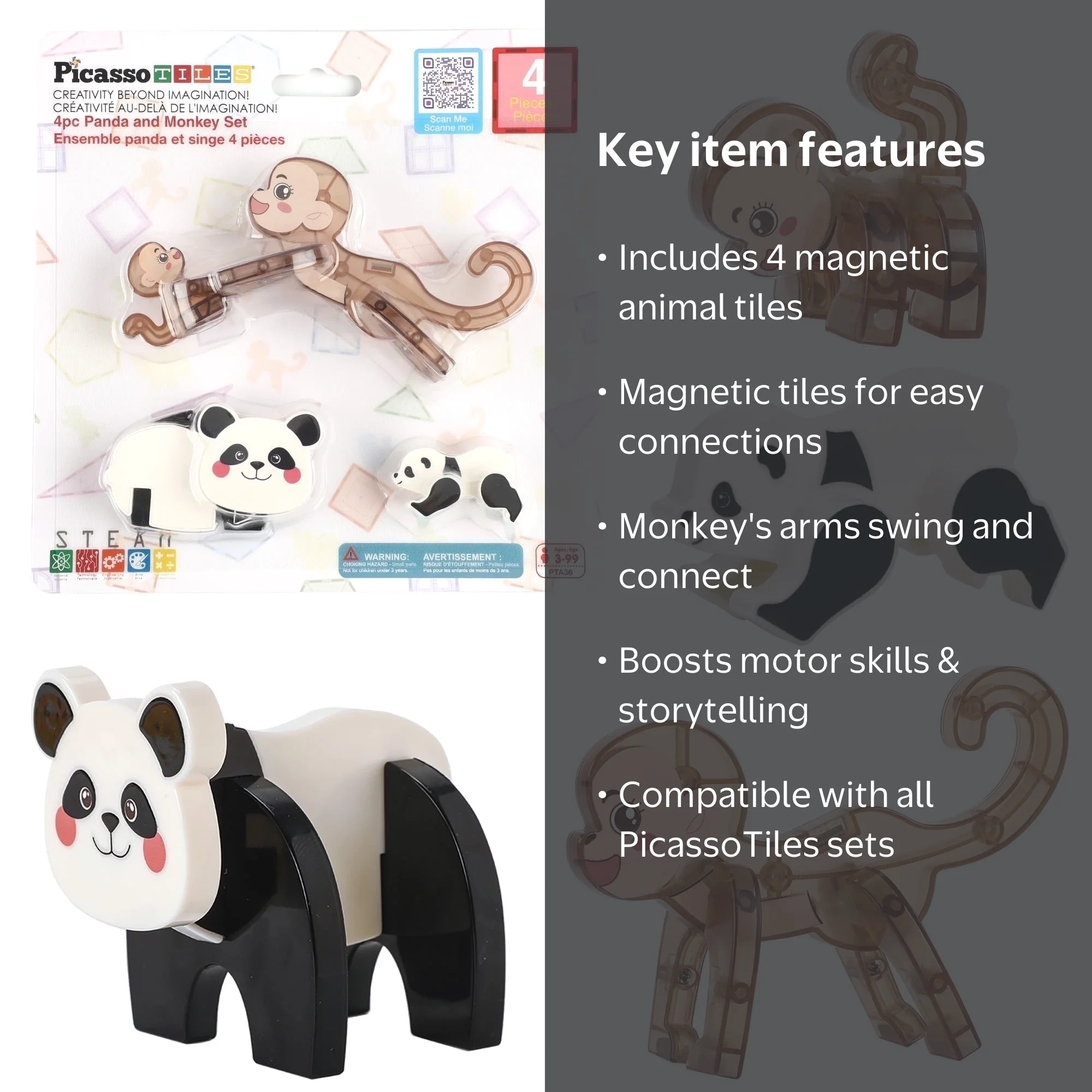 PICASSO TILES PTA36, 4 Pack Magnetic Panda & Monkey STEM Building