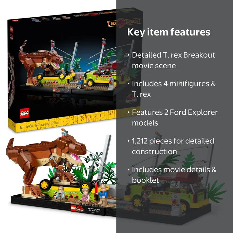 LEGO Jurassic Park T. rex Breakout, Dinosaur Model Kit with 2 Ford
