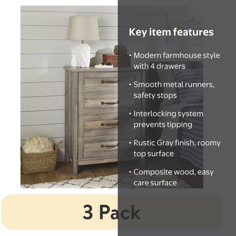 (3 pack) Better Homes & Gardens Modern Farmhouse 4-Drawer Dresser, Rustic Gray