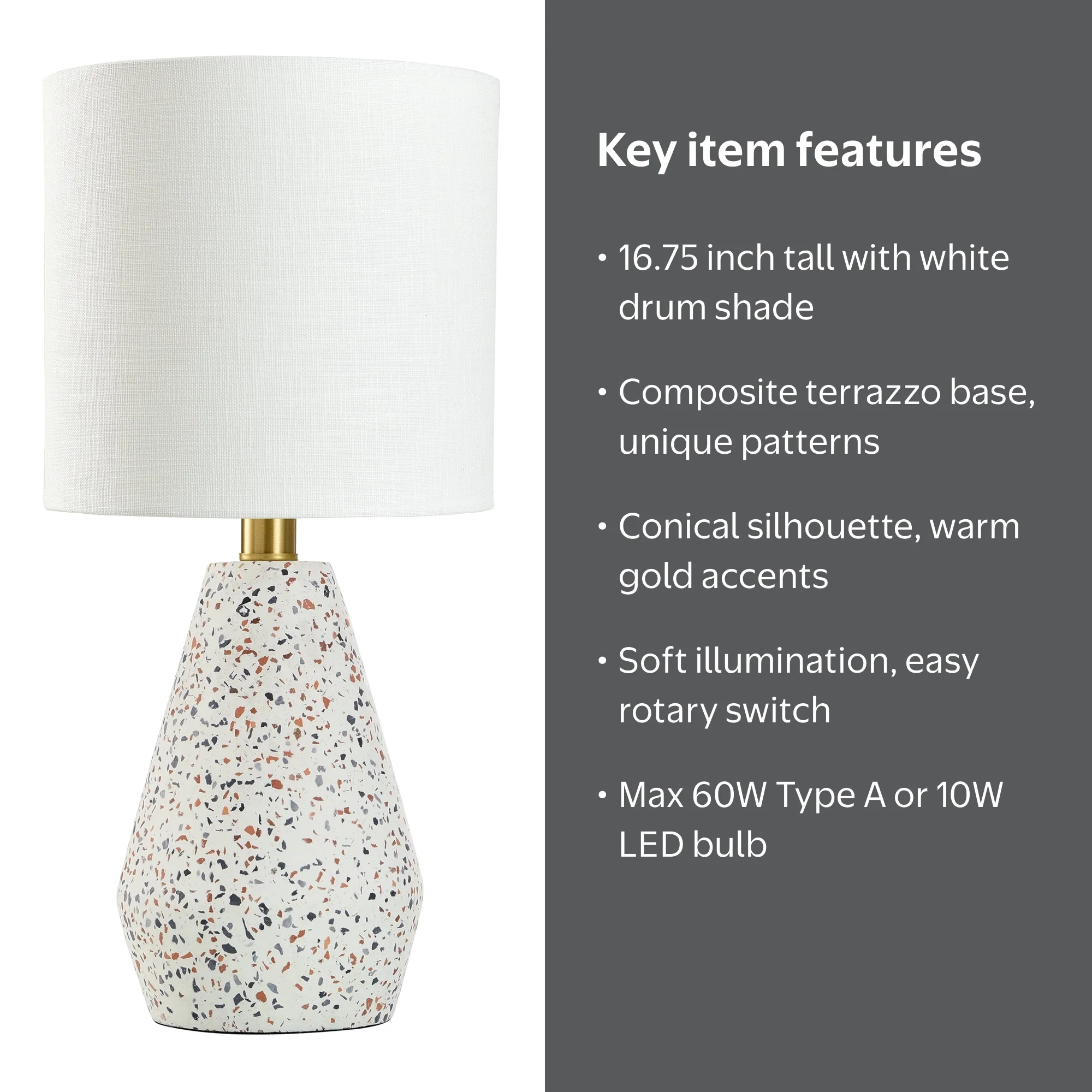 Mainstays Terrazzo Table Lamp with White Drum Shade, 16.75