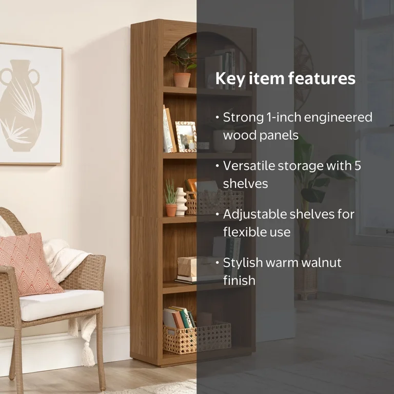 Mainstays 5 Shelf Westley Arch Bookcase, Warm Walnut Finish