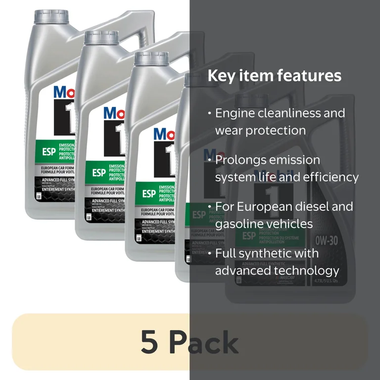 5 pack) Mobil 1 ESP Full Synthetic Motor Oil 0W-30, 5 Quart