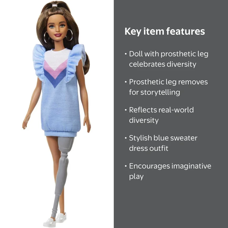 Barbie Fashionistas Doll #121, Brunette with Prosthetic Leg, Blue