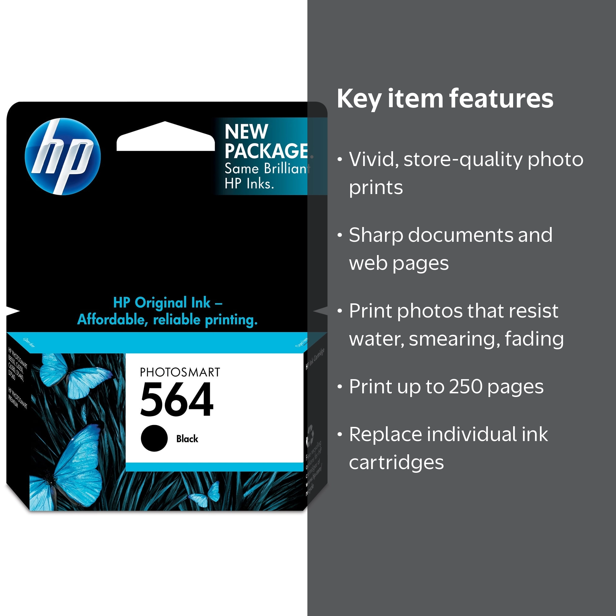 HP 564 Black Original Ink Cartridge, CB316WN#140, Up to 250 Pages