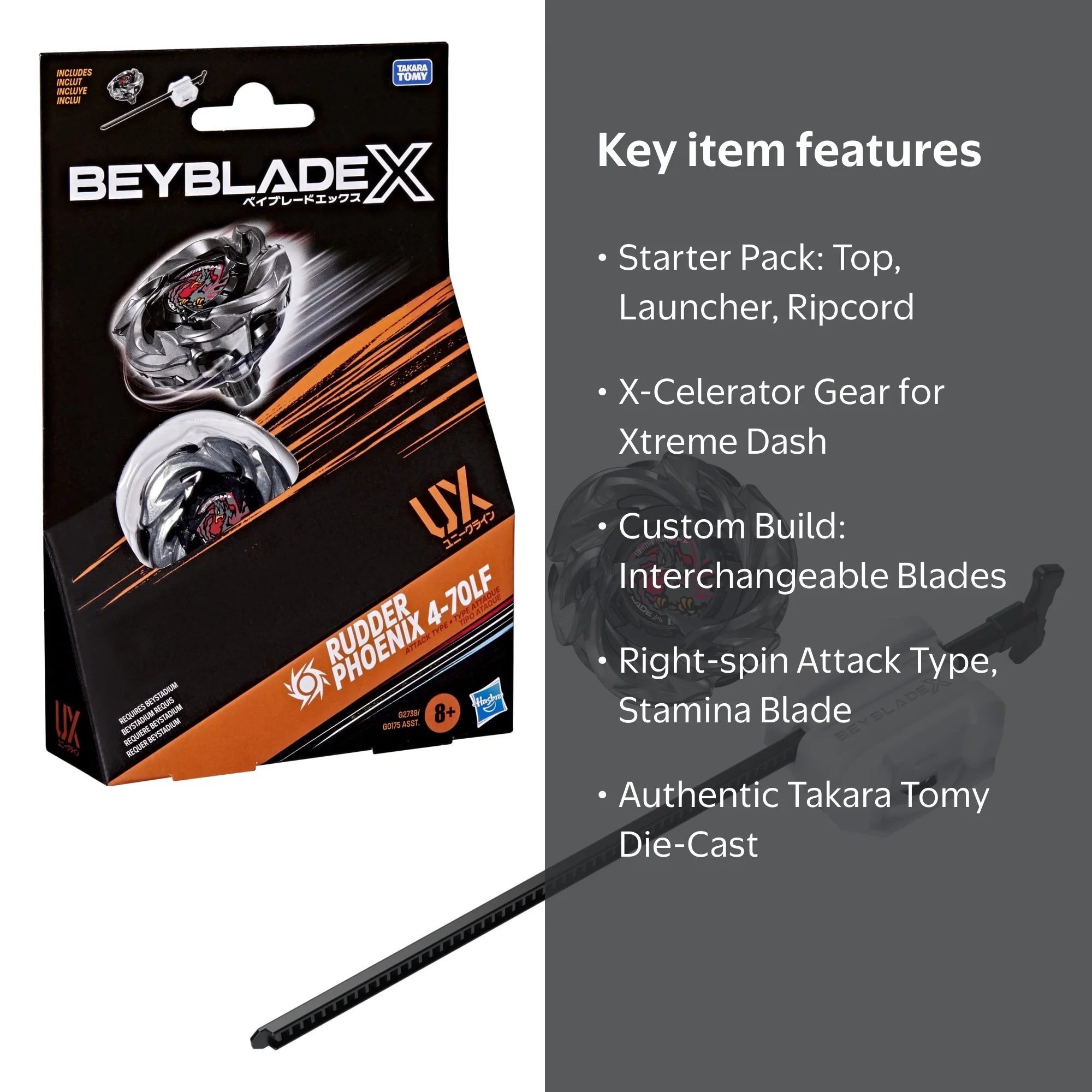 Beyblade X Rudder Phoenix 4-70LF UX Starter Pack with Attack Top
