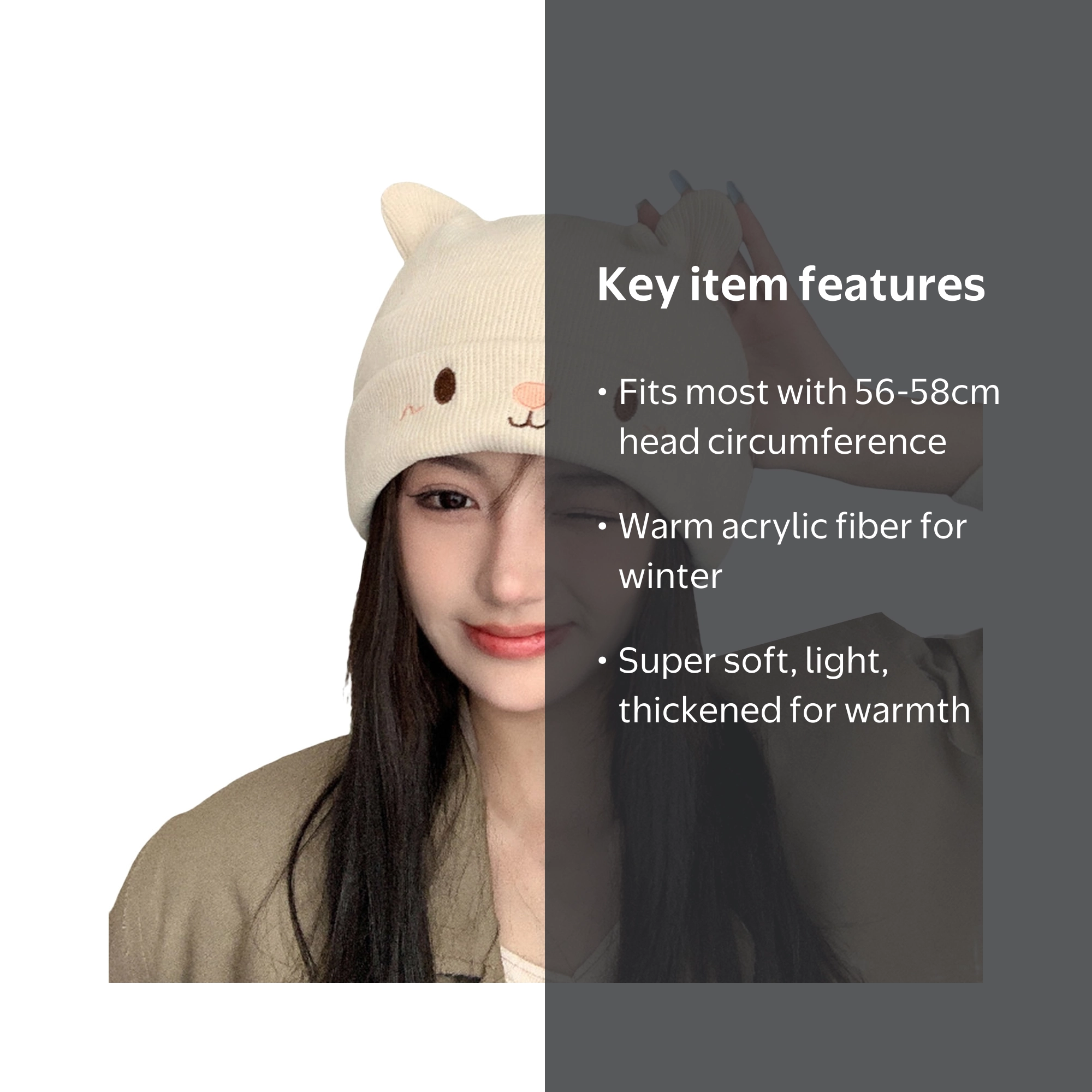 Mightlink Embroidered Face and Cat Ears Knitted Beanie, Cozy and