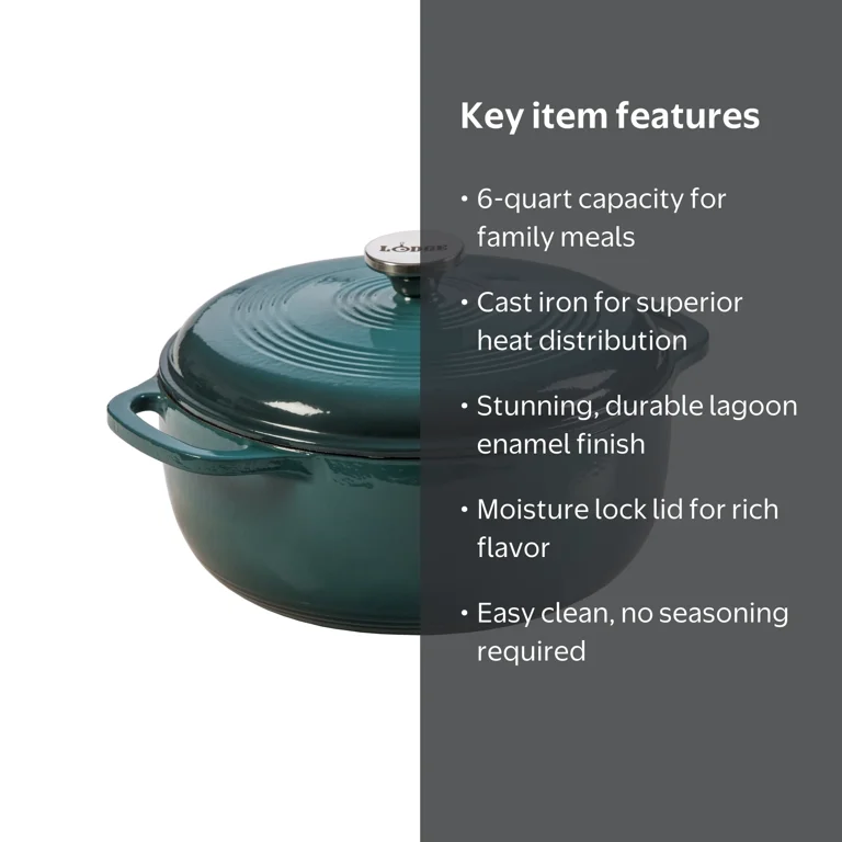 Lodge ENAMELED CAST IRON エナメル キャストアイアン Lodge Cast Iron 6 Quart Enameled Cast Iron Dutch Oven, Lagoon