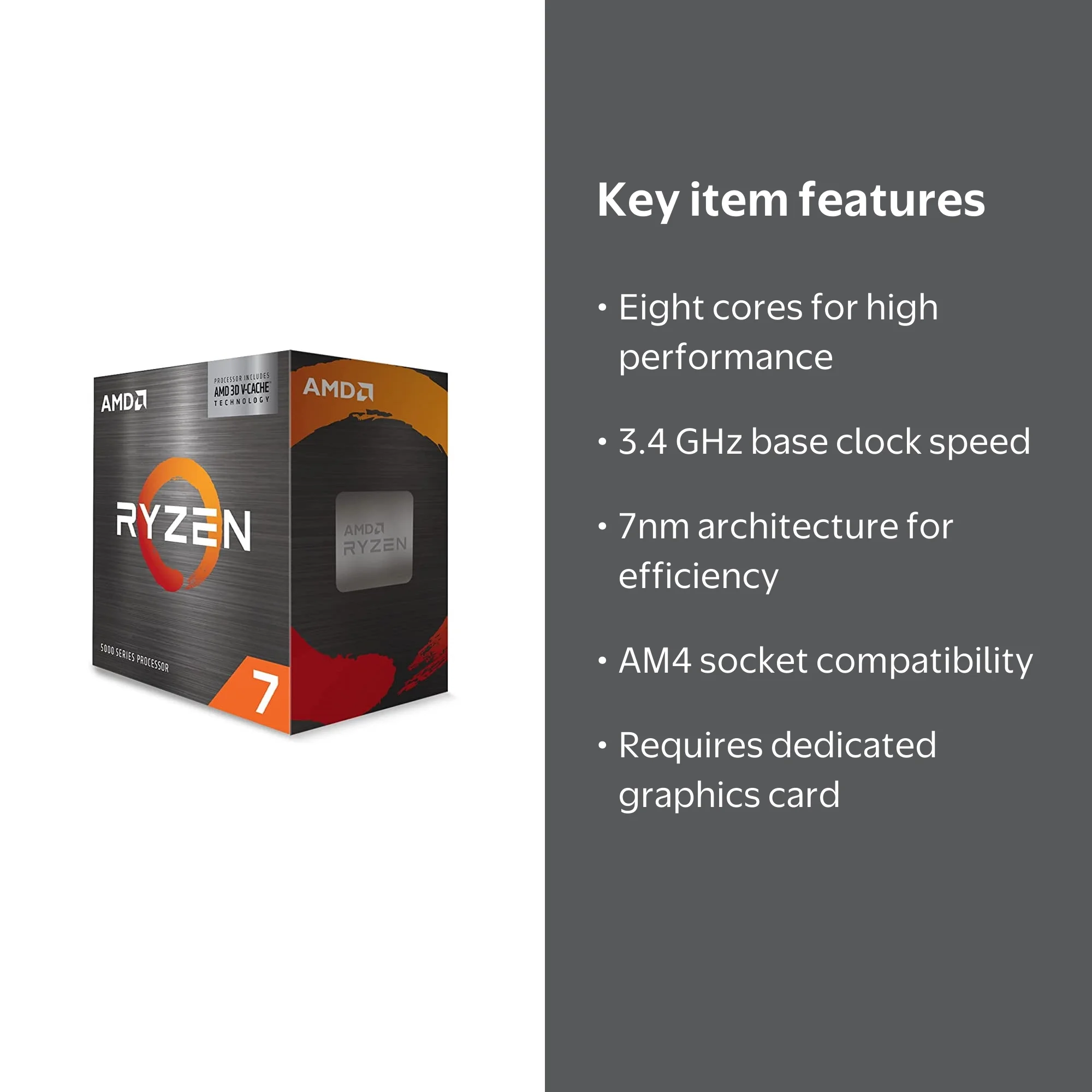 AMD Ryzen 7 5800X3D CPU, 3.4 GHz, 8-Core, AM4 Processor, 105W