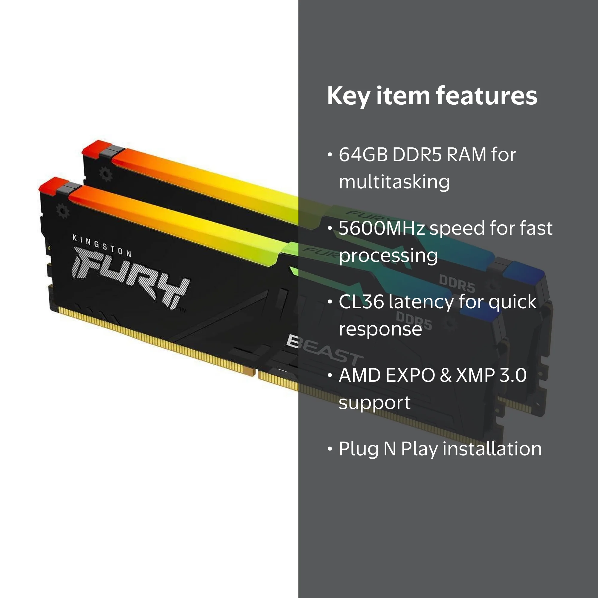 Kingston FURY Beast 64GB (2 x 32GB) 288-Pin PC RAM DDR5 5600 (PC5