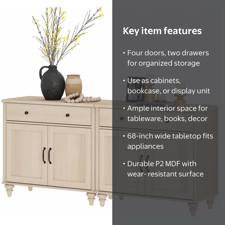 Credenzas & Sideboards with 4 Doors and 2 Drawers, Large Buffet Cabinet Wood Kitchen Storage Cabinets, Modern Farmhouse Sideboard Credenza for Dining